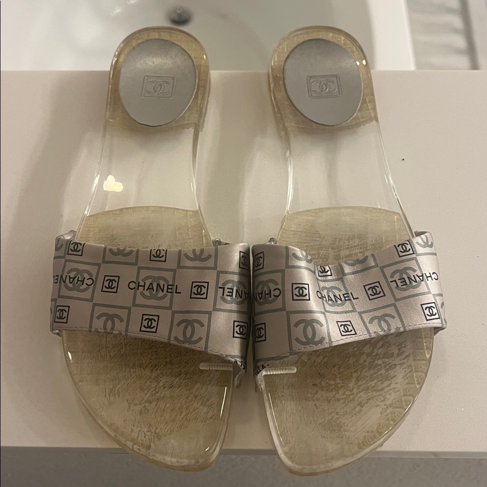 Vintage Y2K CHANEL Transparent Slide Sandals with Silver Logo